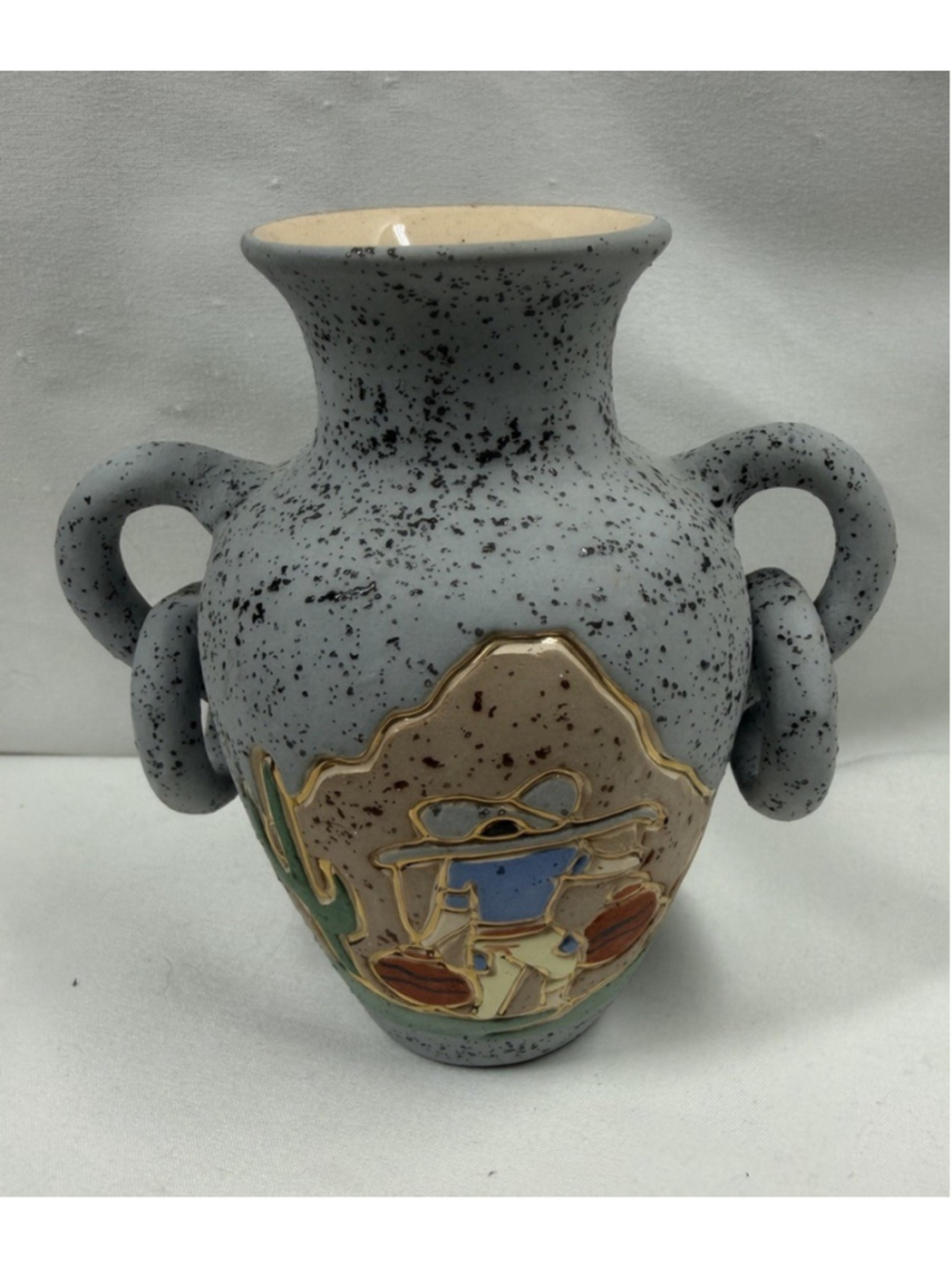 Mexican Pottery Woman Cactus Decorative Ring Handles Vase Ceramica Blue As Is